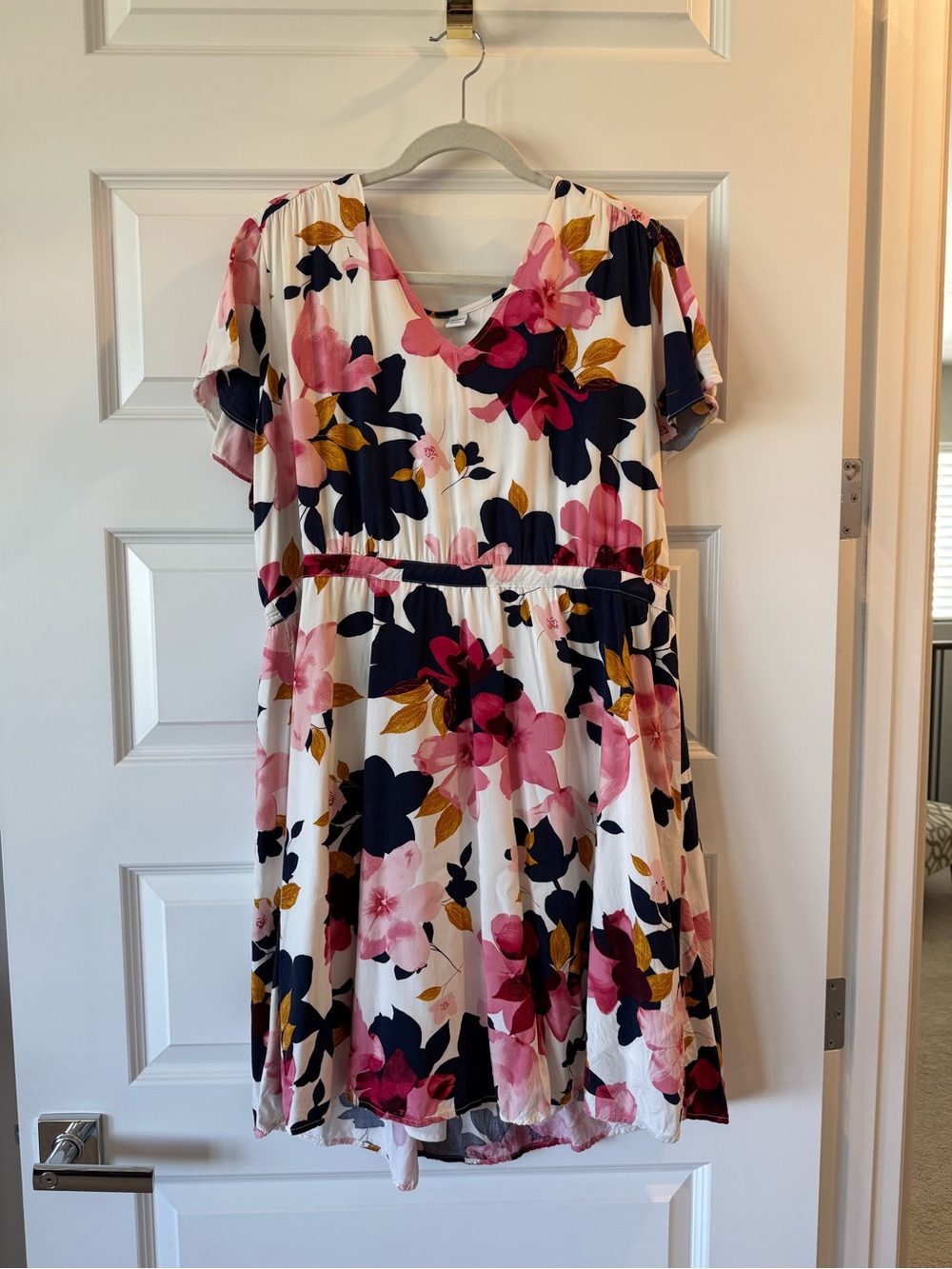 Old Navy White Mini Dress with Pink, Navy & Mustard Floral Print